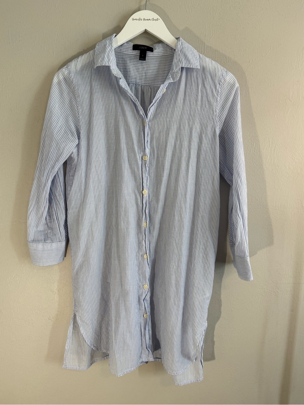 J CREW Women’s Blue White Micro Stripe Button Up Extra Long Tunic Top Size S